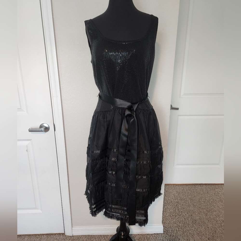St. John Black Pleated Mini Sundress Scoop Neck